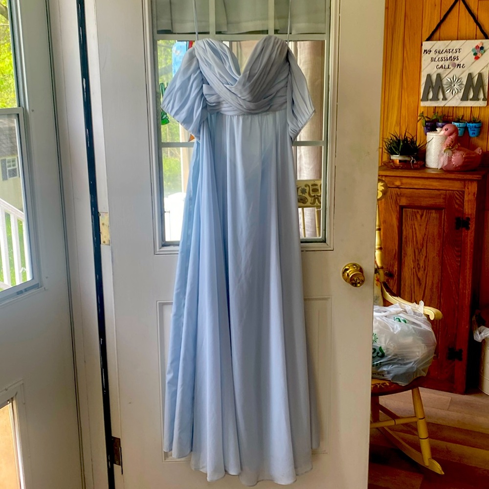 AMSALE long gown light blue used once hundred percent polyester preowned